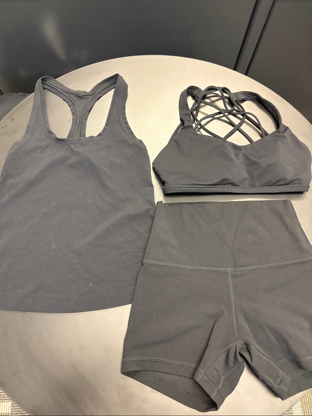 lululemon athletica Black Strappy Sports Bra, Racerback Tank & High-Waist Shorts